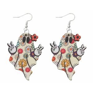 NWT Halloween Wooden Retro Floral Print Ghost Peace Out Dangle Earrings